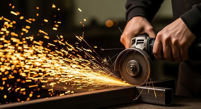 Man using a grinding wheel for cutting metal. Concept of industrial work and metalworking. Power tool in use for construction.