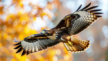 Hawk in flight with wings spread during autumn, close up. AI