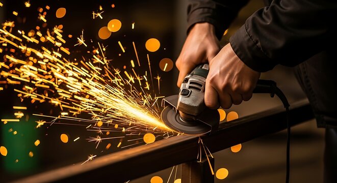 Man using angle grinder cutting metal with sparks flying. Precision cutting for construction and engineering work. Metalwork fabrication process.