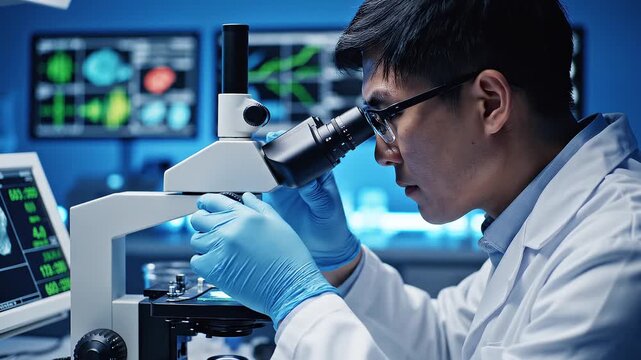 Scientist examining samples with microscope in lab