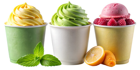 Three colorful soft serve ice cream cups with fruits and mint leaves isolated on a transparent background