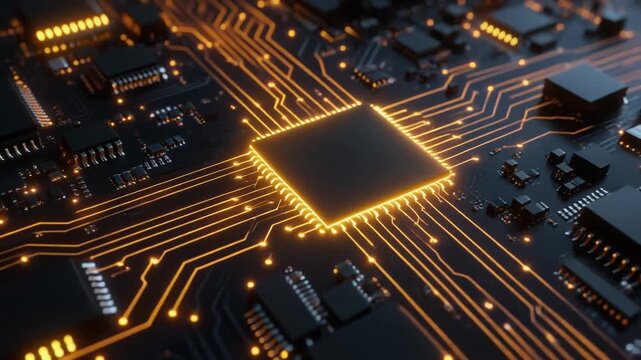 Close-up of computer motherboard with central microprocessor surrounded by glowing orange electrical traces connecting capacitors, resistors, and integrated circuits on dark PCB.