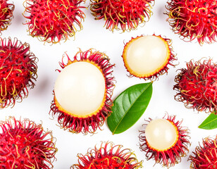 Raw rambutans, white background, top view. AI