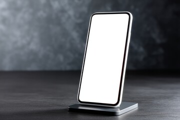 Minimalist Blank Smartphone Standing Upright on Dark Surface with Soft Background