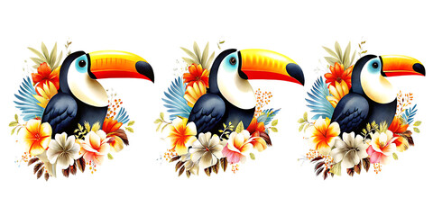Obraz premium Three colorful toucans with floral arrangements isolated on a transparent background birds flowers tropical