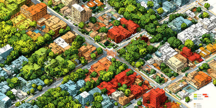 Imaginary cadastral map of territory with buildings, roads and land parcel - land registry concept illustration - Note: The map background is totally invented and does not represent any real place