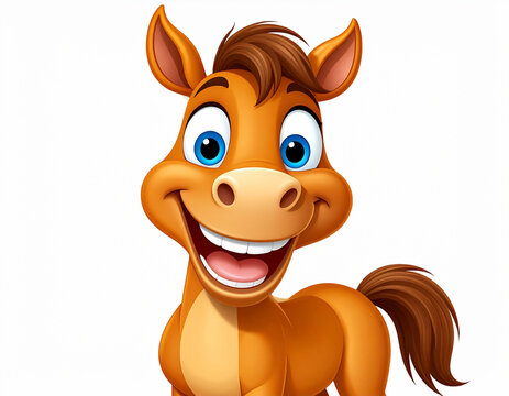 Funny cartoon horse with goofy eyes and expression, white background, illustration. AI