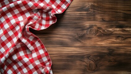 Obraz premium Red and White Checkered Tablecloth on Rustic Wooden Table Surface Creating a Cozy and Inviting Dining Atmosphere for Culinary Settings