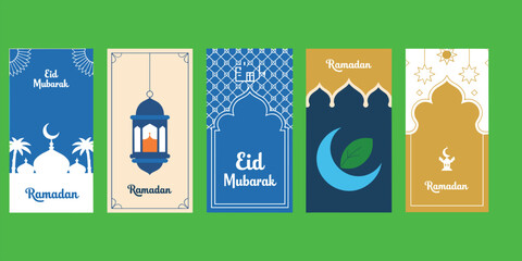 Ramadan and Eid Mubarak greeting card banners vector set, Islamic festive templates with lantern, crescent moon, mosque patterns