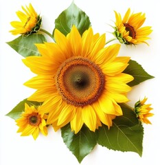 Naklejka premium Vibrant Sunflowers with Green Leaves on White Background Perfect for Nature and Floral Designs in Various Creative Projects
