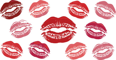 Set of red lipstick kiss marks and lip prints, glamorous beauty vector collection for makeup, romance, fashion branding, and Valentine's designs