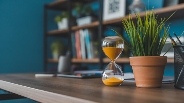 A wooden desk with a yellow sand hourglass and a potted green plant on a blue wall background