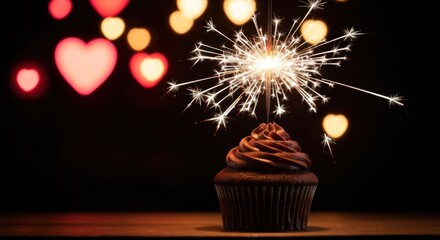 Chocolate cupcake with sparkler, romantic backdrop