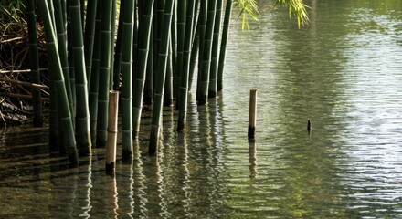 Calm water reflects lush bamboo stalks