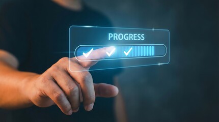 Businessman's finger touches holographic progress bar with checkmarks, digital interface, technology concept, success and achievement.