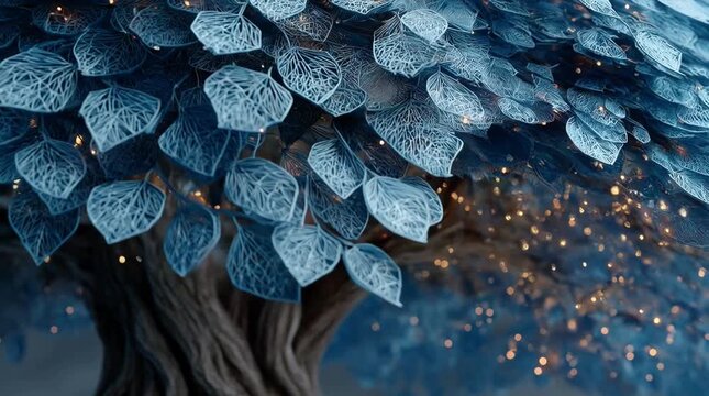 A close up, soft focus view of a mystical tree featuring blue textured leaves and small, glowing orange orbs. The background is a gentle blur, creating a magical and serene atmosphere.
