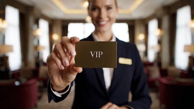 Smiling hotel concierge presenting a VIP card in a luxurious hotel lobby offering exclusive services and premium hospitality.
