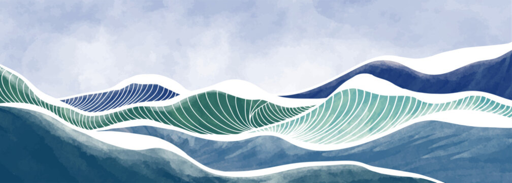 Creative minimalist modern painted of Ocean waves landscape watercolor painting with line art texture. Abstract contemporary aesthetic backgrounds landscapes. with sea, skyline, wave. vector illustrat