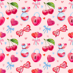 Seamless pattern for Valentines day, cherry, heart shaped candy, heart shaped lock, a cute hand drawn watercolor illustration for Valentine's Day on a light red background.