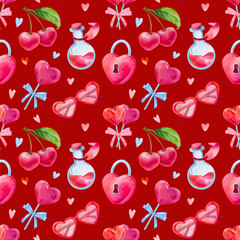 Seamless pattern for Valentines day, cherry, heart shaped candy, heart shaped lock, a cute hand drawn watercolor illustration for Valentine's Day on a bright red background.