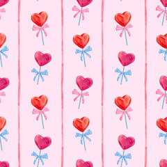 Seamless pattern for Valentines day, heart shaped candy, lollypop in a shape of a heart, a cute hand drawn watercolor illustration for Valentine's Day on a light pink background.