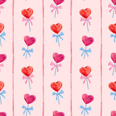 Seamless pattern for Valentines day, heart shaped candy, lollypop in a shape of a heart, a cute hand drawn watercolor illustration for Valentine's Day on a light red background.