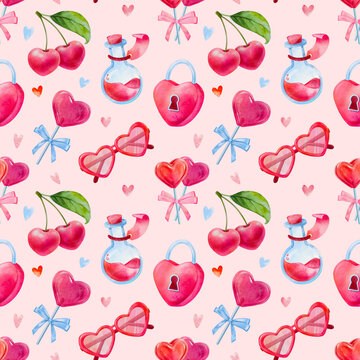 Seamless pattern for Valentines day, cherry, heart shaped candy, heart shaped lock, a cute hand drawn watercolor illustration for Valentine's Day on a light red background.