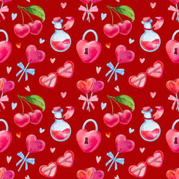 Seamless pattern for Valentines day, cherry, heart shaped candy, heart shaped lock, a cute hand drawn watercolor illustration for Valentine's Day on a bright red background.