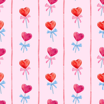 Seamless pattern for Valentines day, heart shaped candy, lollypop in a shape of a heart, a cute hand drawn watercolor illustration for Valentine's Day on a light pink background.
