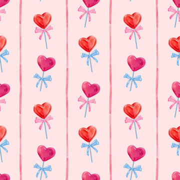 Seamless pattern for Valentines day, heart shaped candy, lollypop in a shape of a heart, a cute hand drawn watercolor illustration for Valentine's Day on a light red background.