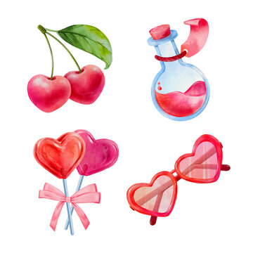 Set of hand drawn elements for Valentines day, cherry, love potion bottle, heart shaped candy, heart shaped glasses, a cute hand drawn watercolor illustration for Valentine's Day.