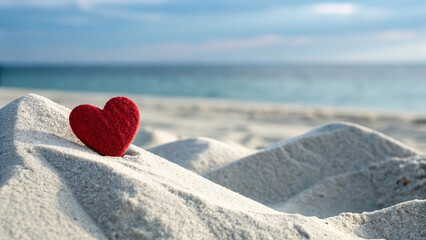 Fototapeta premium Red textured heart rests on a crest of white sand with a vibrant blue sea and sky backdrop.