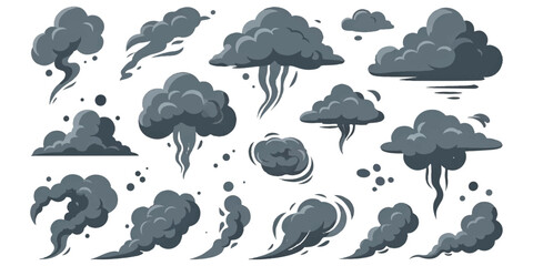 Collection of diverse dark grey smoke and cloud shapes for pollution or explosion effects in a vector illustration style © GraphixEra