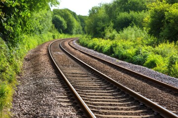 Fototapeta premium Curving Railway Tracks Surrounded by Lush Greenery with a Scenic Natural Background