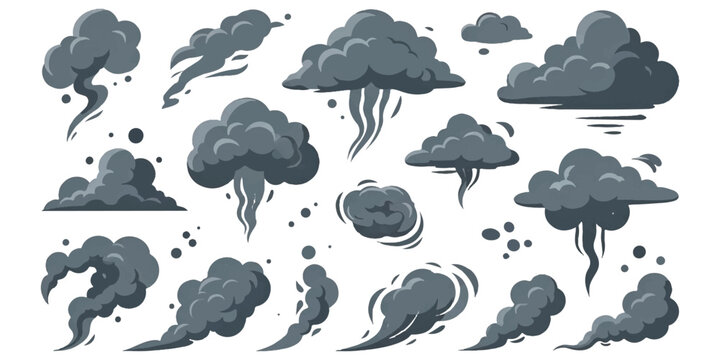 Collection of diverse dark grey smoke and cloud shapes for pollution or explosion effects in a vector illustration style