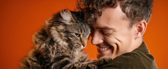 The Cat and the Smiling Young Man Sharing a Warm Tender Studio Embrace