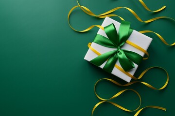 Gift box with green satin ribbon bow on a green background