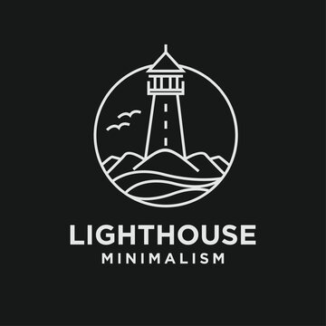 Minimalist Line Art Lighthouse Logo Icon Design with Sea Waves and Birds on Dark Background