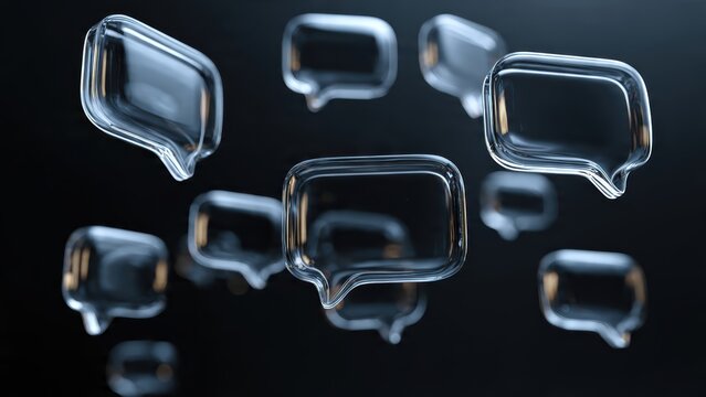 Floating glass speech bubbles against a dark background, representing communication, dialogue, and expression.
