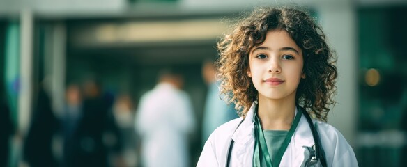 The Young Child Doctor Wearing White Coat and Stethoscope in Modern Hospital Lobby
