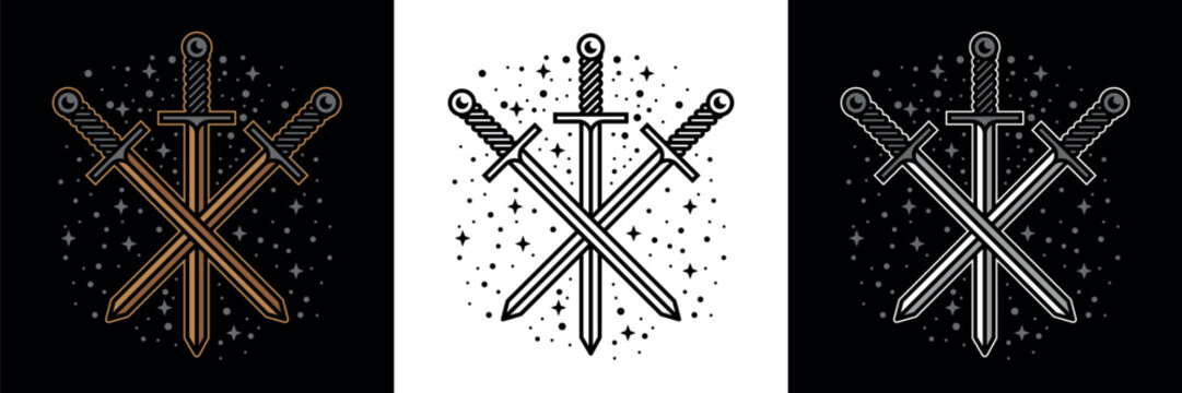 Set of three simple medieval crossed swords. Vector illustration.