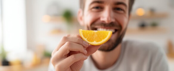 The man holding an orange slice smiling in a bright modern kitchen morning scene