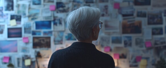 The woman studying a wall of photographs and notes in a dim creative workspace