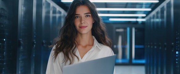 The Woman Holding a Laptop in a High-Tech Server Room Data Center
