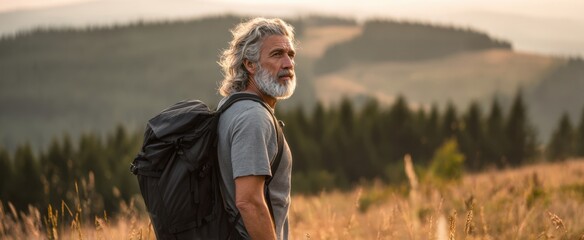 The hiker stands in a golden meadow at sunset with backpack and distant hills