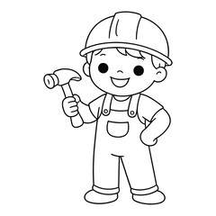 Fototapeta premium A cartoon boy in overalls and a hard hat holding a hammer confidently
