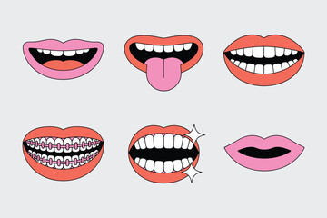 Cute mouth sticker pack, smiling lips, braces grin, tongue out pose, orthodontic before after concept, cheerful dental cartoon, bright vector clipart © ayat 02