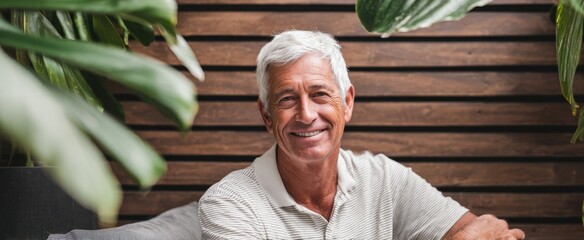 The smiling senior man relaxing on a sofa amid tropical plants on a patio