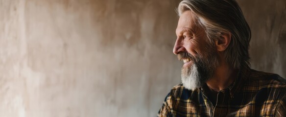 The bearded man smiling warmly, looking sideways in rustic interior with soft light