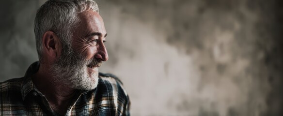 The Senior Man in Plaid Shirt Smiling Softly While Looking Away from Camera